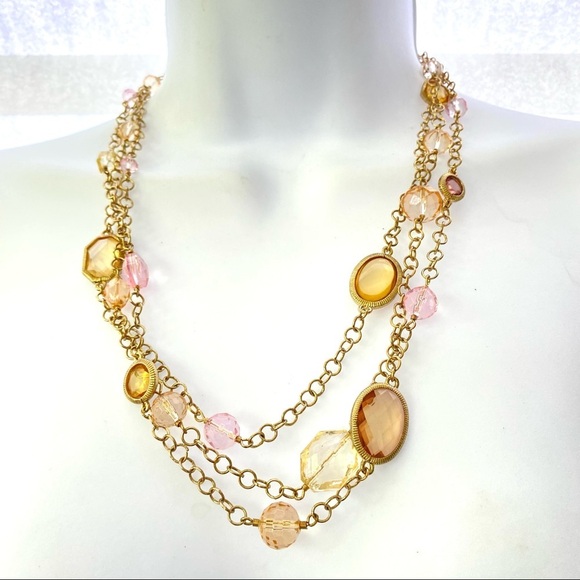 DANA KELLIN Goldtone Layered Pink Yellow and Clear Glass Bead Necklace - Picture 1 of 7